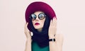 Glamorous lady in vintage hat and sunglasses trend. fashion port Royalty Free Stock Photo