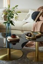 Glamorous living room interior design with modern beige sofa, glass coffee table and golden accessories. Beauty in the details. Royalty Free Stock Photo