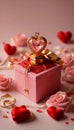 Glamorous Love Pink Gift Box with Gold Heart Pendant and Roses. Generative AI