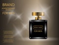 Glamorous Mens Perfume Contained in a Square Glass Bottle on the sparkling effects background.