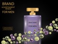 Glamorous Mens Perfume Contained in a Square Glass Bottle on the sparkling effects background.