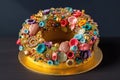 glamorous ring cake decorated with colorful and glitzy decorations