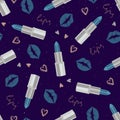 Glamorous seamless pattern with lipstick and kisses in cool silver tones. Cosmetic pattern in modern colors.