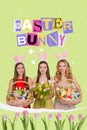 Glamorous three ladies sisters come to family meeting gathering celebrating easter holiday hold presents wear bunny ears