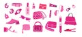 Glamorous trendy pink accessories set. Nostalgic pink 2000s style