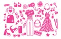 Glamorous trendy pink stickers set. Nostalgic barbiecore 2000s style collection. Can be used to design vibrant and eye