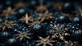 Glamorous winter background with intricate gold and navy snowflakes shining brightly