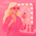 Glamorous woman applying perfume in pink vanity setting, AI generated Royalty Free Stock Photo