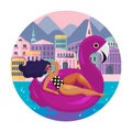 Glamorous woman resting in swimming circle in form of pink flamingo on background of hotels and villas. Round vector illustration