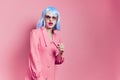 glamorous woman in sunglasses wears a blue wig makeup studio model Royalty Free Stock Photo