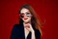 glamorous woman wearing sunglasses red lips posing close-up Royalty Free Stock Photo