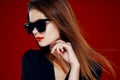 glamorous woman wearing sunglasses red lips posing close-up Royalty Free Stock Photo