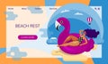 Glamorous young woman is resting and sunbathing in pink swimming flamingo. Concept of website, landing page design template