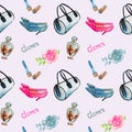 Glamour accessories, blue barrel type bag, lipstick, perfume, leather kitten heel shoes, pink rose on soft gray background