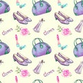 Glamour accessories, blue green bowling type bag, lipstick, perfume, violet purple leather court shoes, pink rose