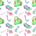 Glamour accessories, green bowling type bag, lipstick, perfume, turquoise leather court shoes, pink rose, seamless pattern design