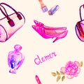 Glamour accessories, pink barrel type bag, lipstick, perfume, leather kitten heel shoes, pink rose, pattern on soft background Royalty Free Stock Photo