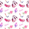 Glamour accessories, pink barrel type bag, lipstick, perfume, leather kitten heel shoes, pink rose on white background