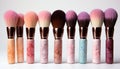Glamour collection beauty products in pink, purple, and blue shades generated by AI
