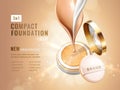Glamour compact foundation ads. Cosmetic container with cushion. Cream flow and liquid texture on glitter bokeh