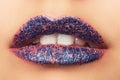 Glamour fashion bright purple lips gloss make-up with gold glitter. glossy lip makeup, luxury lady Royalty Free Stock Photo