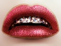 Glamour fashion bright red lips make-up with glitter. Macro of woman`s face part. Sexy glossy lip makeup, luxury lady Royalty Free Stock Photo