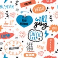 Glamour fashion seamless pattern with quotes, girl gang, hearts. Girlish print for clothes, textiles, wrapping paper Royalty Free Stock Photo