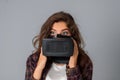 Glamour girl testing virtual reality glasses Royalty Free Stock Photo