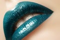 Glamour green Gloss Lip Make-up. Fashion Makeup Beauty Shot. Close-up full Lips with celebrate Aquamarine Lipgloss