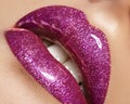 Glamour magenta gloss lip make-up. Fashion makeup beauty shot. Close-up female full lips with celebrate pink gloss