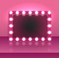 Glamour pink makeup blank mirror realistic with bulb light effect in wall background. vector illustration.