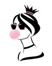 Glamour princess girl in sunglasses and crown with pink bubble gum vector portrait