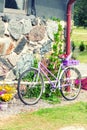 Glamour purple lavender rural retro bicycle. Outdoors.