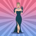 Glamour Woman in Black Dress with Diamond Jewelry. Pop Art illustration