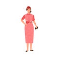 Glamour woman in colorful dress and hat of 30s fashion vector flat illustration. Stylish lady standing holding clutch