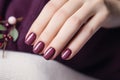 Glamour woman hand with deep berry and plum nail polish on fingernails. Nail manicure with gel polish at luxury beauty salon. Nail