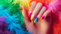 Glamour woman hand with luxury rainbow color nail polish manicure on fingers