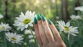 Glamour woman hand with shiny green color nail polish manicure on fingers near camomile flower Royalty Free Stock Photo