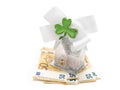 Glamourous home with glitter and white bow with green shamrock on stack of cash on white background. Buying high value house