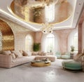 Glamourous room with wall and ceiling finished with gold. Interior design of hollywood regency style living room. Created with