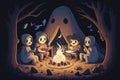 glampers sitting around campfire, roasting marshmallows and telling ghost stories