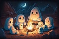 glampers sitting around campfire, roasting marshmallows and telling ghost stories