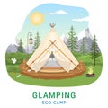 Glamping advertising eco tent camp vector poster