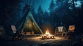 Glamping camping tent in the forest under night sky. Generative AI
