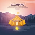 Glamping. Glamor camping. Campfire. Pine forest and rocky mountains. Evening Camp.