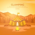 Glamping. Glamor camping. Campfire. Pine forest and rocky mountains. Evening Camp.