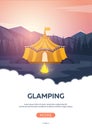 Glamping. Glamor camping. Campfire. Pine forest and rocky mountains. Evening Camp.