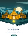 Glamping. Glamor camping. Campfire. Pine forest and rocky mountains. Evening Camp.