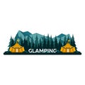 Glamping. Glamor camping. Campfire. Pine forest and rocky mountains. Evening Camp.