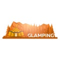 Glamping. Glamor camping. Campfire. Pine forest and rocky mountains. Evening Camp.